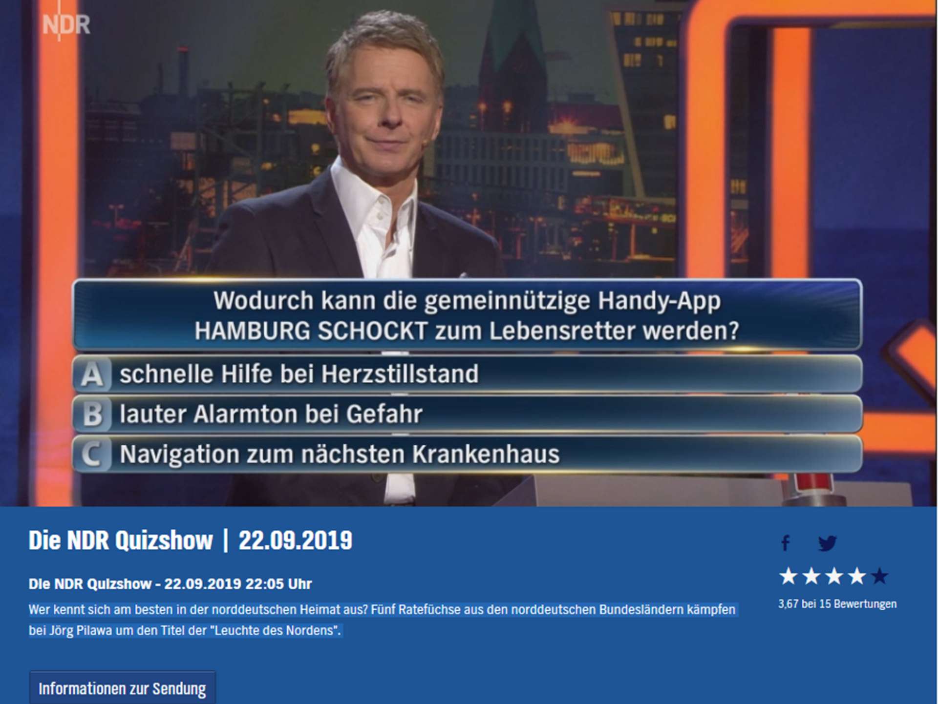 Jörg Pilawa moderiert die NDR Quizshow, in der es bei einer der Fragen um unsere ASB-Notfall-App HAMBURG SCHOCKT ging. Foto: NDR