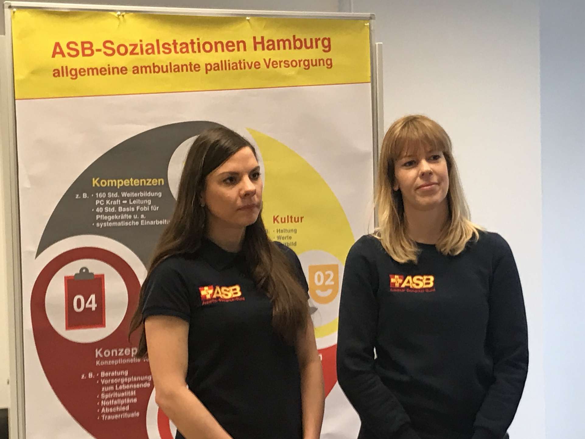 Die Pflegefachkräfte des ASB Hamburg Nadine Tjessem (links) und Svenja Jacobsen (rechts) sind speziell ausgebildet im Bereich der ambulanten Palliativversorgung und bieten regelmäßig Letzte-Hilfe-Kurse an. Foto ASB Hamburg / P. Witt.