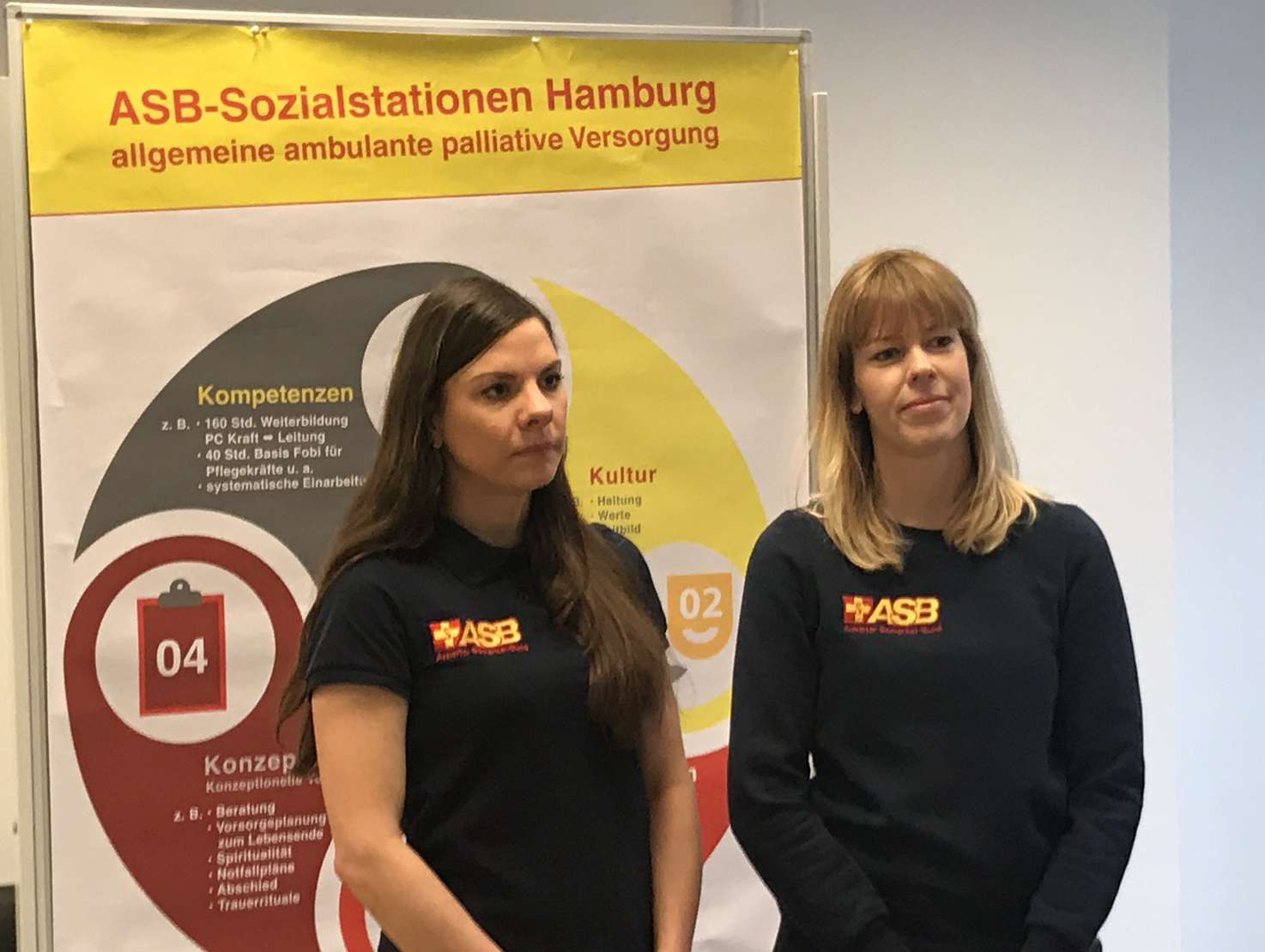 Die Pflegefachkräfte des ASB Hamburg Nadine Tjessem (links) und Svenja Jacobsen (rechts) sind speziell ausgebildet im Bereich der ambulanten Palliativversorgung und bieten regelmäßig Letzte-Hilfe-Kurse an. Foto ASB Hamburg / P. Witt.